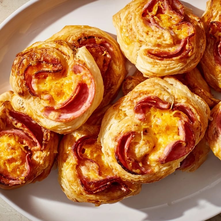 Warm, freshly baked Sliced Cheddar and Salami Scrolls ready to be served, perfect party appetizer.