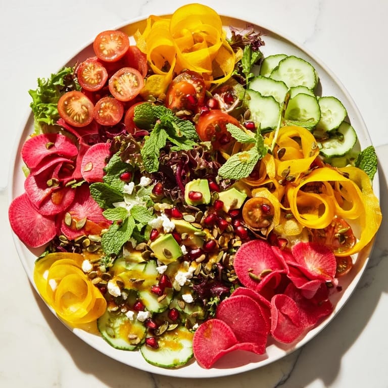 Vibrant Abstract Expressionist Splash salad: a beautiful mess of fresh produce drizzled with dressing.
