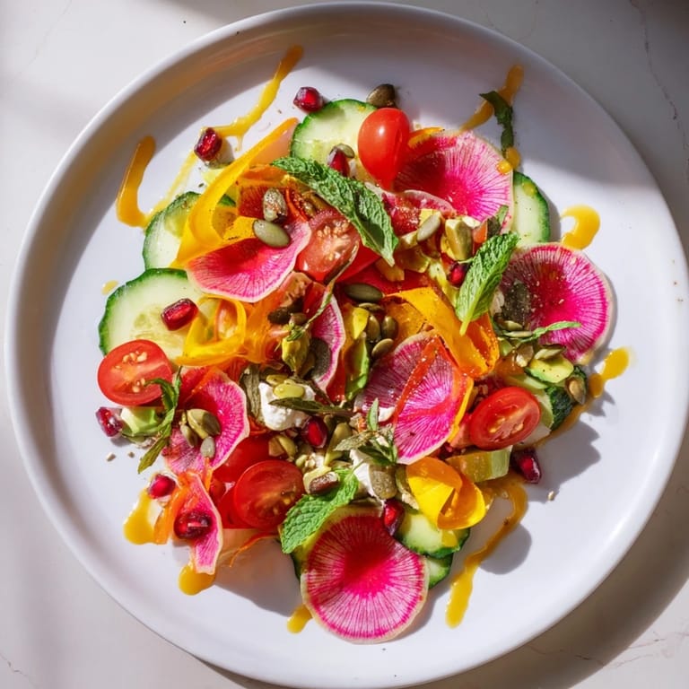 Enjoy the artistically arranged Abstract Expressionist Splash salad, perfect for a refreshing meal.