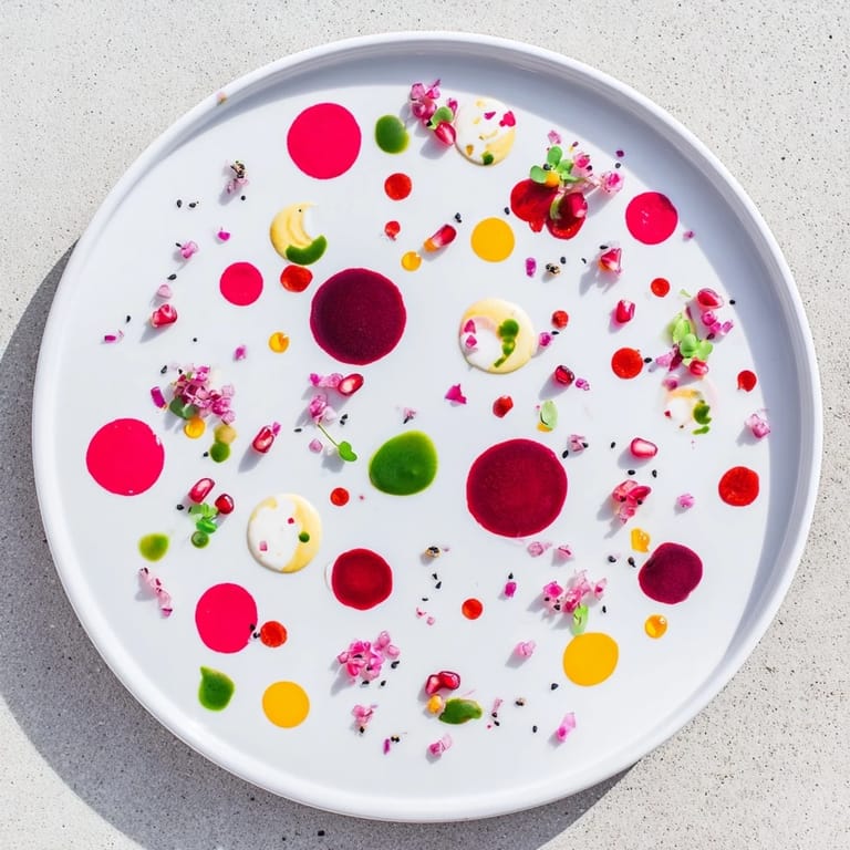 A beautiful serving of the Pointillism Dot Matrix: artistic dots of flavors and vibrant garnishes.
