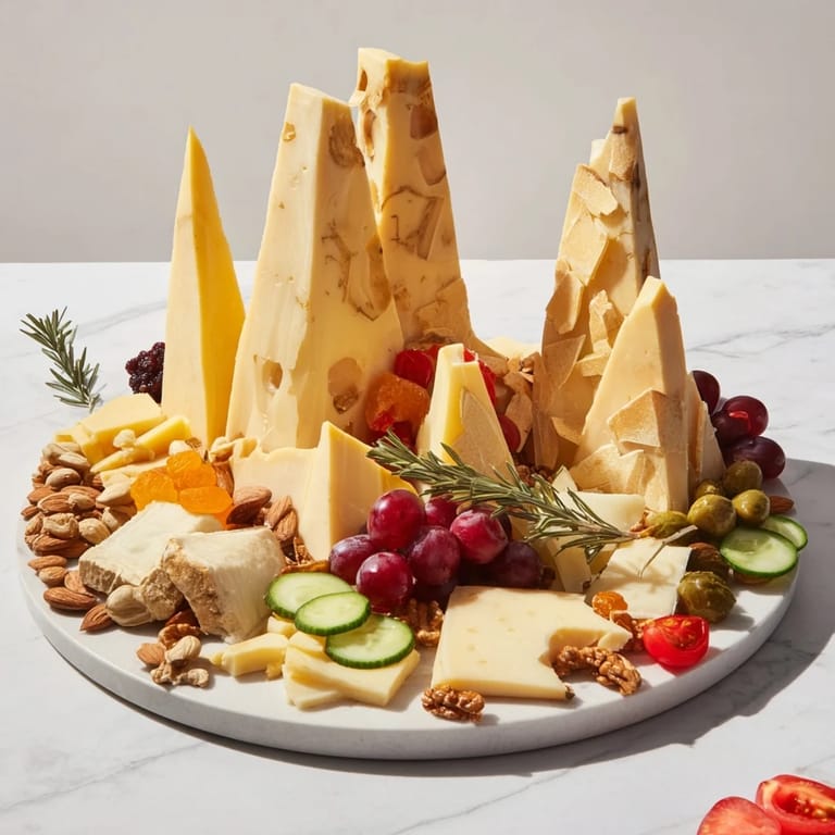 Detailed shot of a sculptural cheese landscape with rugged cheese peaks, ripe fruit, and crunchy nuts, a treat.