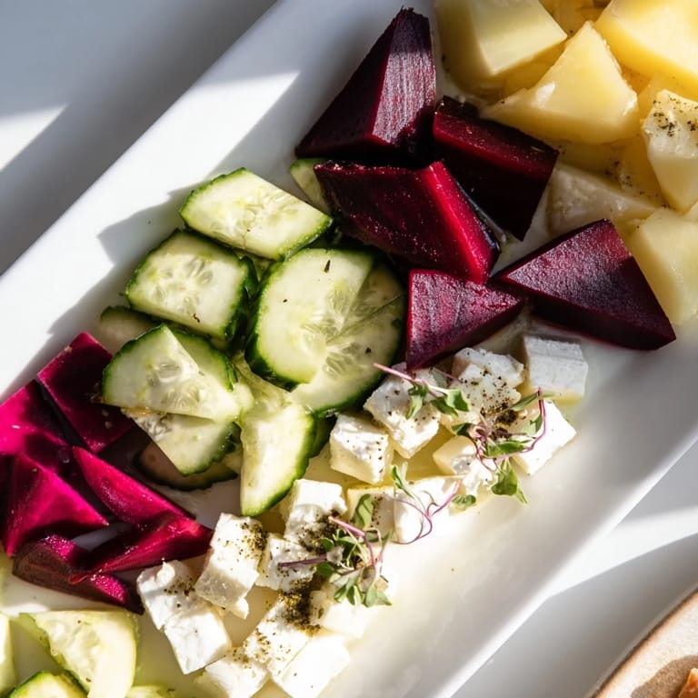 Close-up of a stunning The Cubist Deconstruction, a modern appetizer with colorful, artistic food pieces.