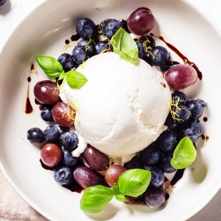 Vivid image of the Moonlit Lagoon, with blueberries and grapes surrounding a creamy burrata moon.