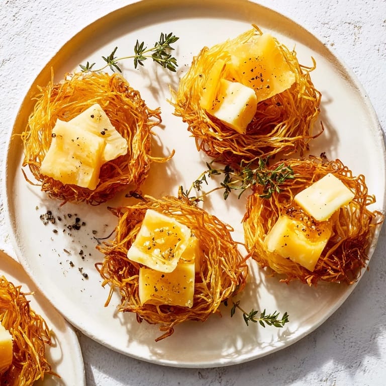 A beautiful The Rustic Barnyard appetizer, showcasing golden phyllo "hay" with artisanal cheese wedges.