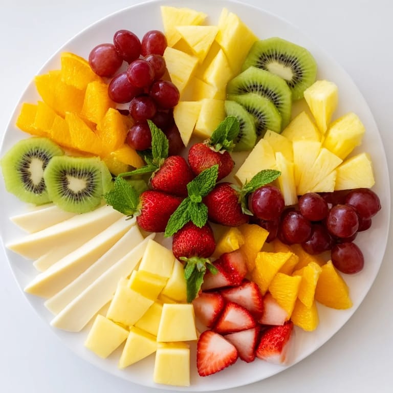 The Kaleidoscope Circle recipe displays a beautifully assembled appetizer tray with fresh fruits, assorted cheeses.