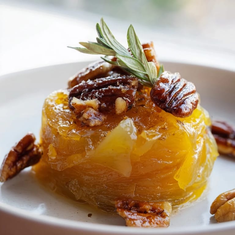 Picture: golden brown Copper Kettle appetizer topped with toasted pecans and fresh thyme sprigs.