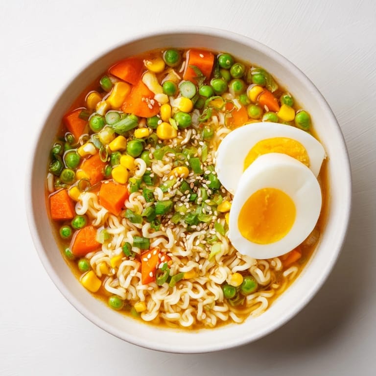 A close-up of a flavorful Ramen Upgrade with Frozen Peas, filled with colorful vegetables and noodles.