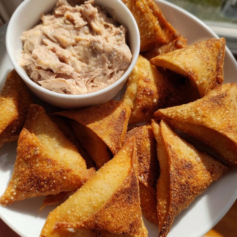 Enjoy these flavorful, homemade Air Fryer Lumpia Chips served warm with the savory chicken dip.