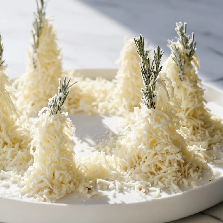 This festive Frosted Pine cheese platter showcases snowy white cheddar, almond pinecones, and rosemary sprigs.