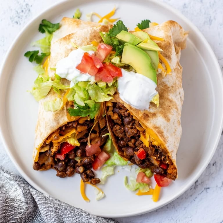 A folded Smoky Black Bean Burrito with a glistening, savory bean filling and colorful toppings.