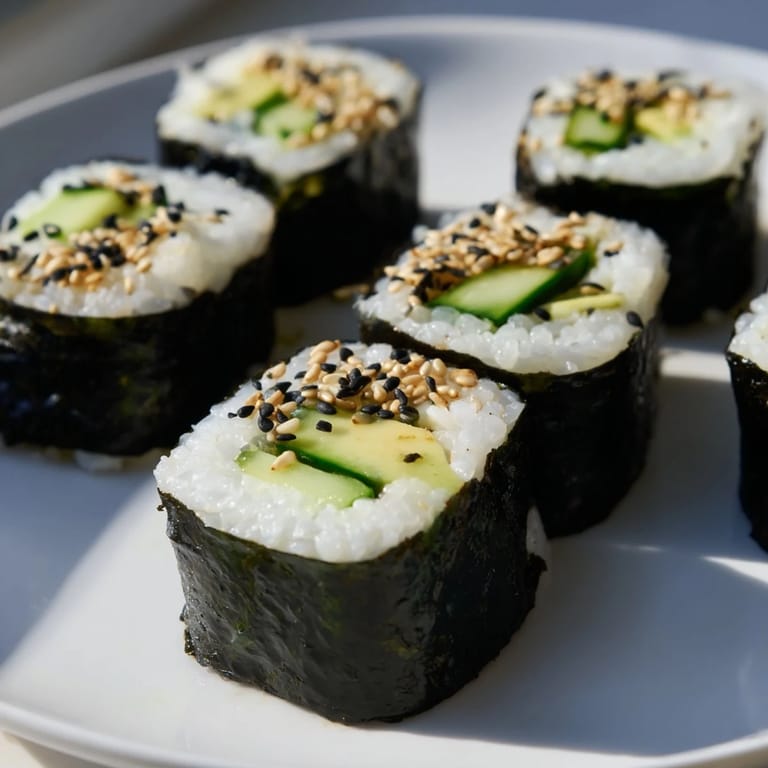 A close-up view of beautifully prepared avocado cucumber sushi, a delicious and easy vegan appetizer option.
