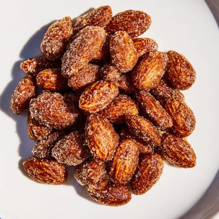 See the glistening coating on these warmly spiced cinnamon roasted almonds, ready after baking.