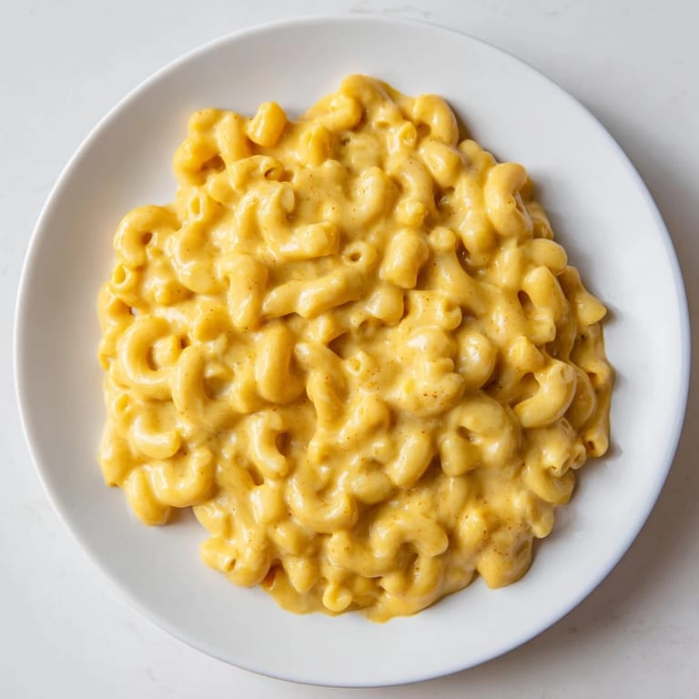 A bubbly, cheesy baking dish of butternut squash mac, with a crispy breadcrumb topping ready to serve.