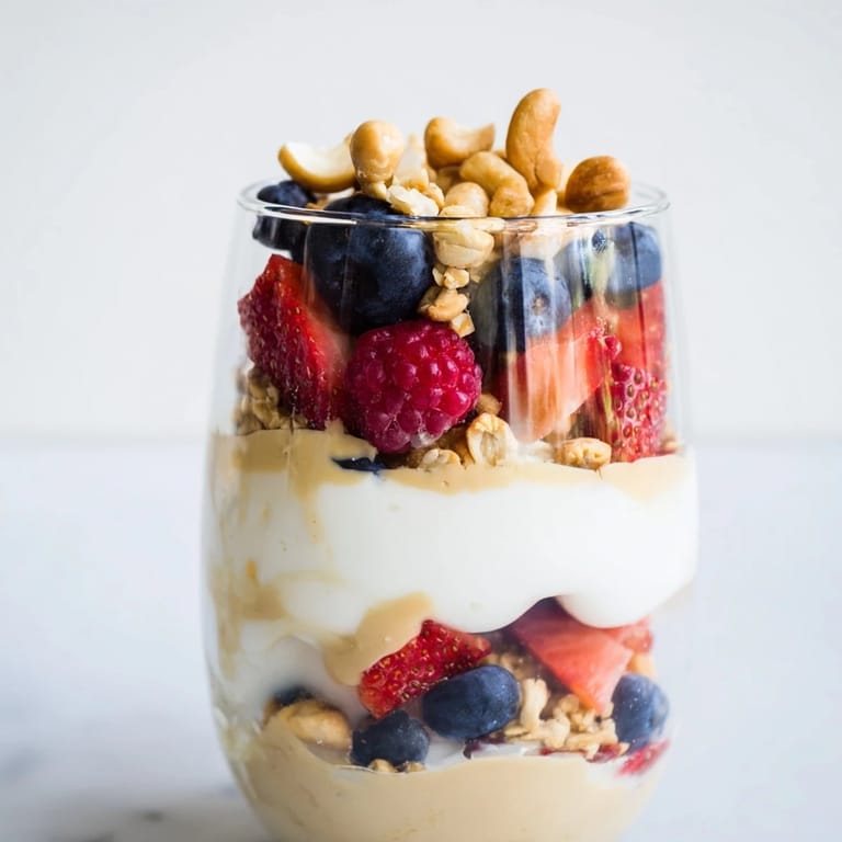 Enjoy a spoonful of this fresh Cashew Butter Yogurt Parfait; a nutritious breakfast with a lovely crunch.