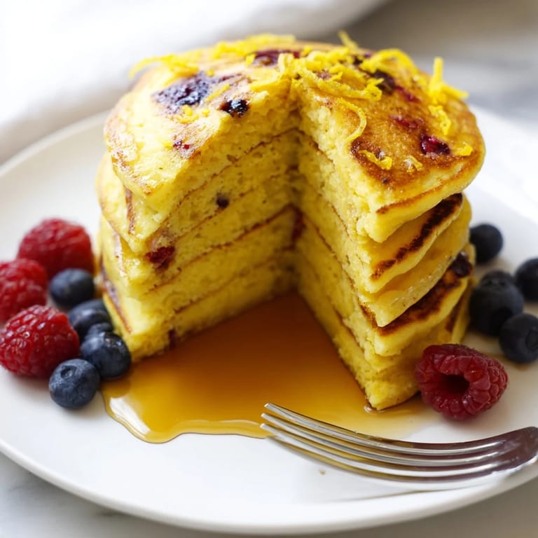 Fluffy Lemon Ricotta Pancakes, cooked to perfection, are stacked ready to be enjoyed with a drizzle of maple syrup.