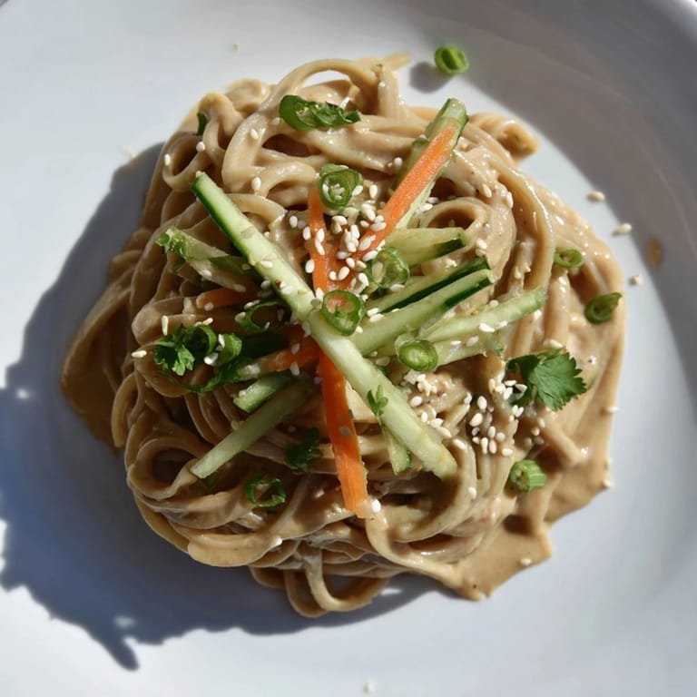 A chilled bowl of cold sesame noodles with colorful carrots, cucumbers, and fresh cilantro.