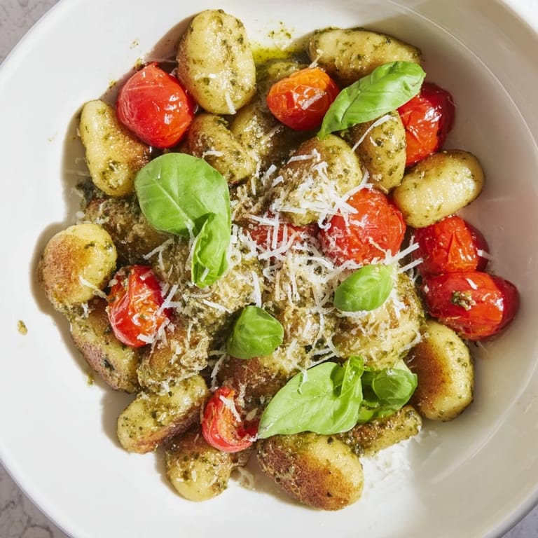 Pan-fried crispy gnocchi with pesto, topped with fresh basil and Parmesan, a flavorful Italian-inspired main.