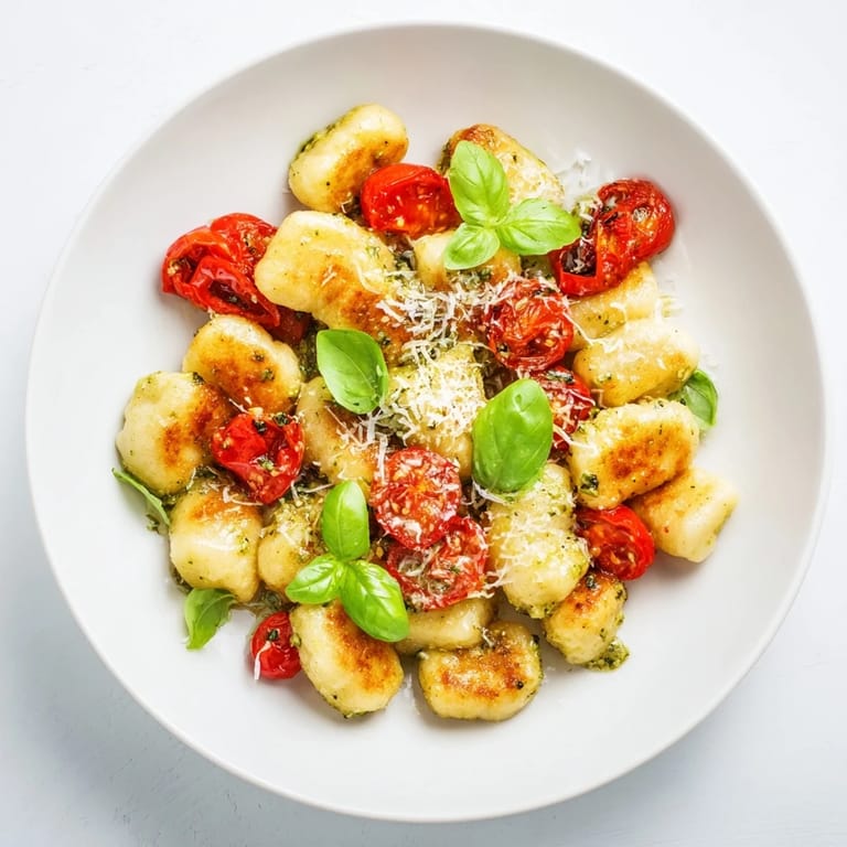 Sizzling crispy gnocchi with pesto, glistening with olive oil and bursting with fresh, vibrant flavors in every bite.