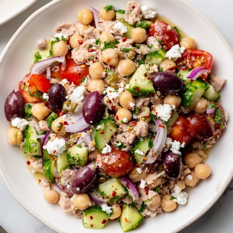 A close-up view of the Tuna Chickpea Salad, showing flavorful, chopped ingredients and a bright dressing.