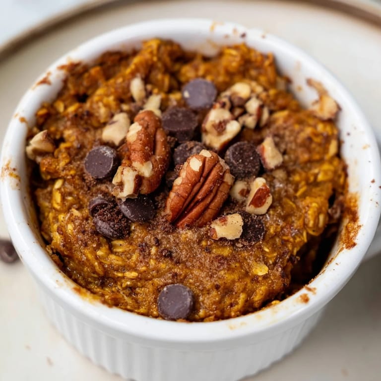 Golden-brown Pumpkin Spice Baked Oats individual servings, a delicious vegetarian breakfast idea.