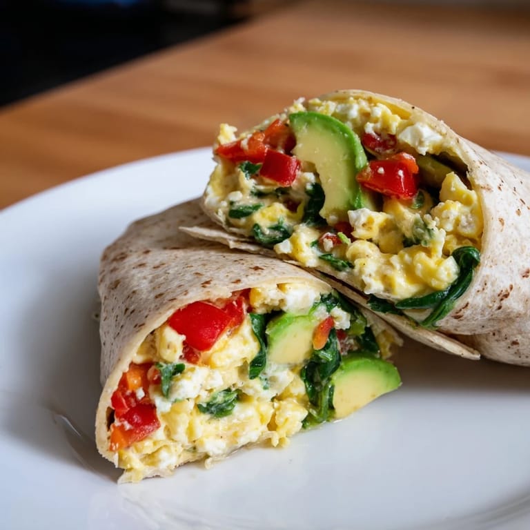 A close-up of a golden-brown Feta Egg Wrap, showcasing the savory egg and veggie filling beautifully.