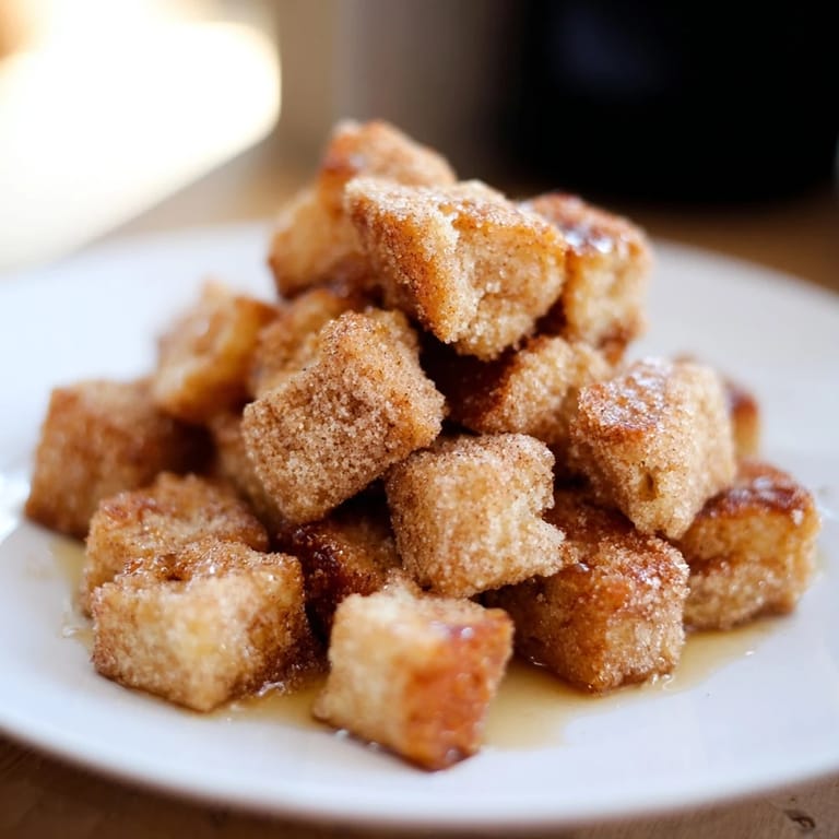 A bowl of French Toast Cereal looks tempting, with perfectly toasted bread cubes glistening after frying.