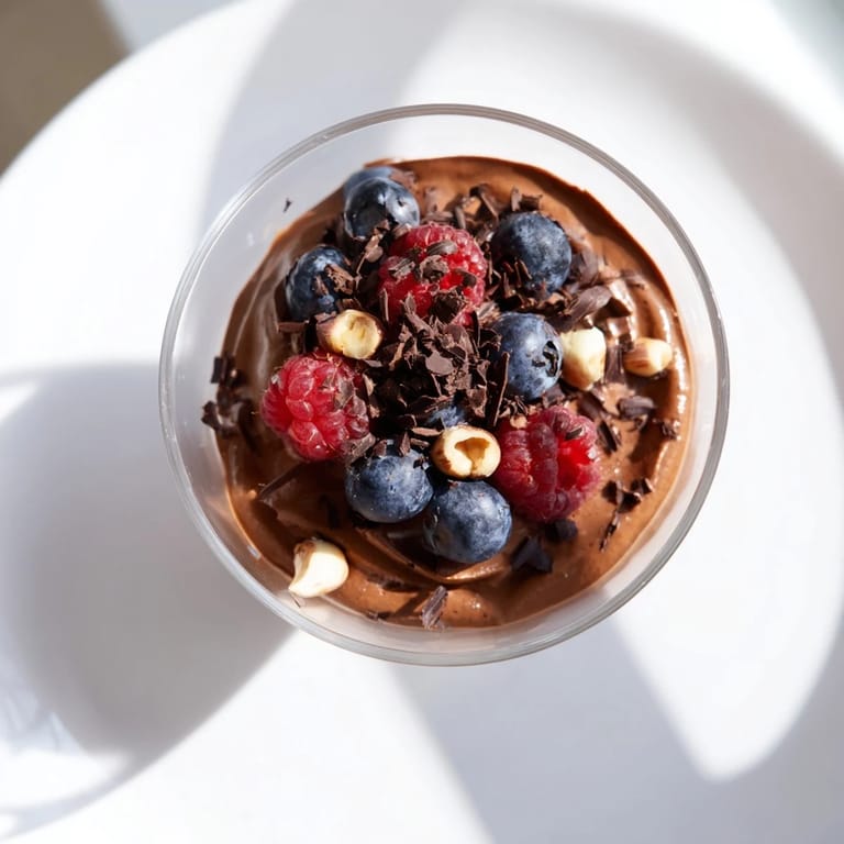 A beautiful serving of chocolate avocado mousse, garnished with shaved chocolate and toasted nuts.