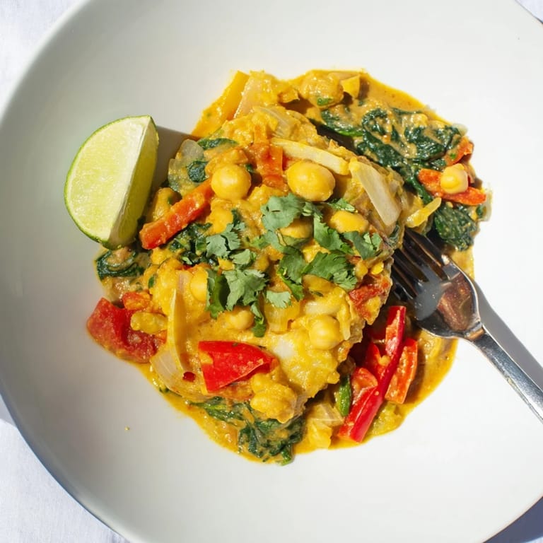A close-up of a richly spiced Chickpea Curry, garnished with fresh cilantro and ready to serve.