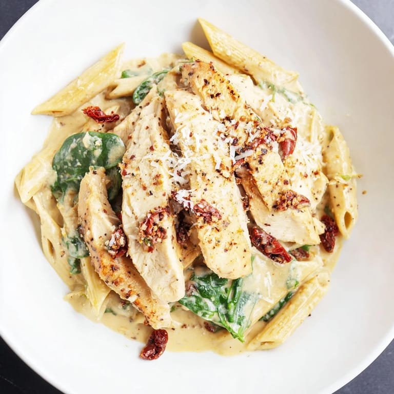 Close your eyes, and imagine enjoying flavorful creamy Tuscan chicken pasta garnished with fresh herbs.