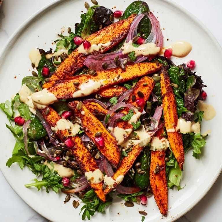 Golden roasted carrots, mixed with fresh greens and creamy tahini-lemon, make this salad delightful.