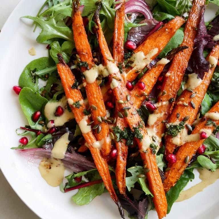 Visualize the bright colors of this roasted carrot salad, drizzled with zesty tahini dressing.