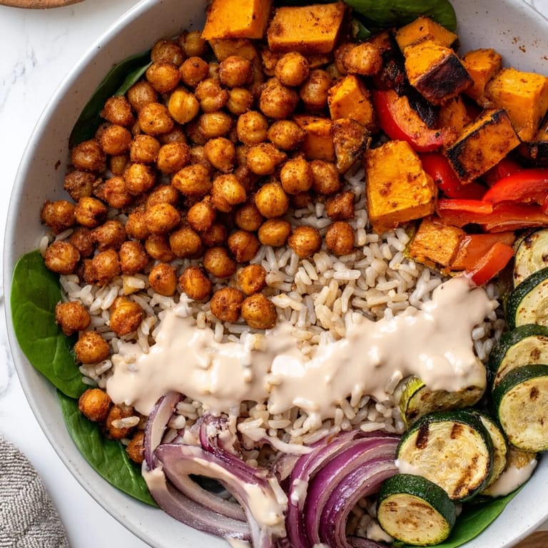 This delicious Roasted Chickpea Buddha Bowl features fluffy rice and creamy tahini sauce drizzled over fresh greens.