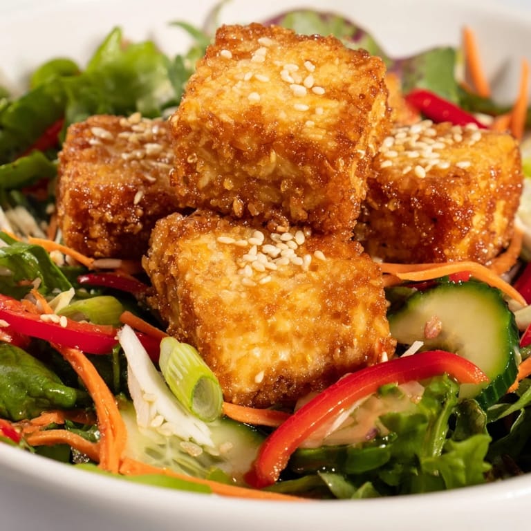 Perfectly fried tofu atop a vibrant salad, drizzled with ginger-soy dressing; a delicious, healthy main course.