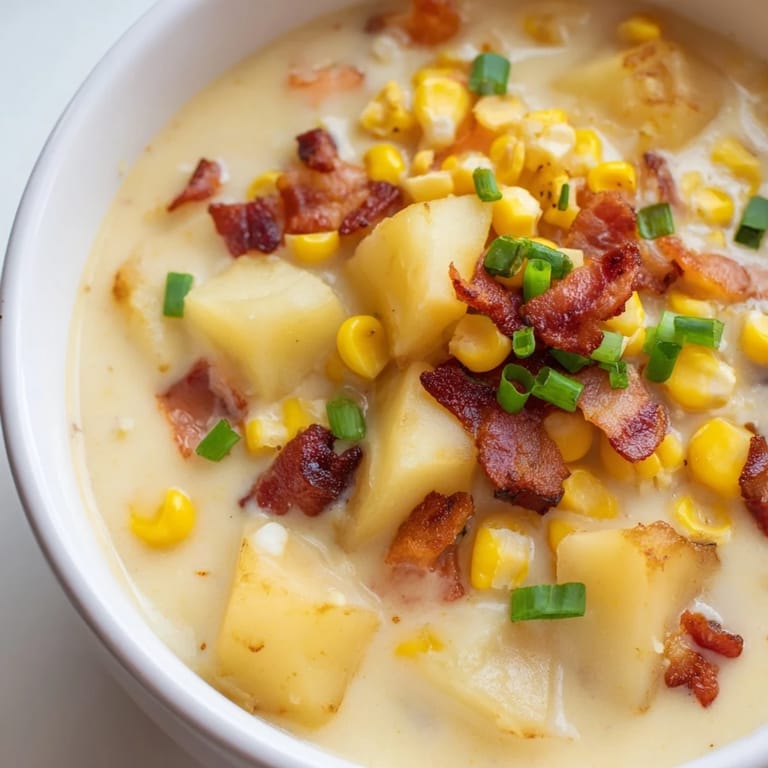 Hearty corn chowder soup in a white bowl, perfect for a cozy, fulfilling autumn meal.
