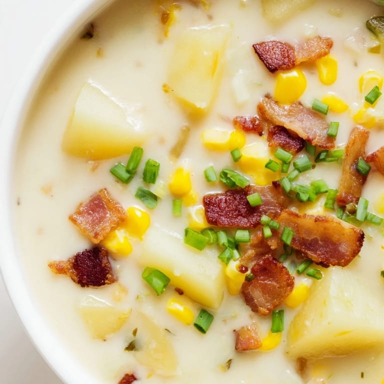 Close-up of a rustic corn chowder, showcasing chunky vegetables and a rich, savory aroma.