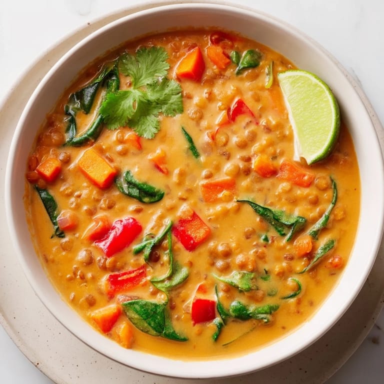 A comforting, flavorful close-up of vibrant red Lentil Red Curry Soup, perfect for a cozy dinner.