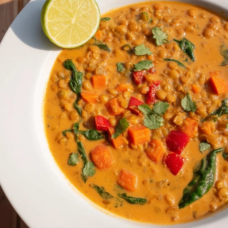 Hearty Lentil Red Curry Soup, showcasing tender lentils and vegetables in a creamy coconut broth.