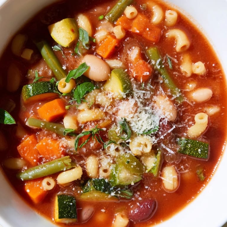Enjoy a warm bowl of hearty tomato basil minestrone, featuring pasta, beans, and fresh basil leaves.