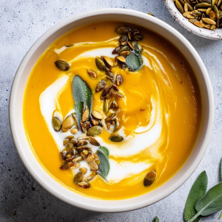 Golden butternut squash soup, perfectly seasoned with nutmeg and served steaming hot.