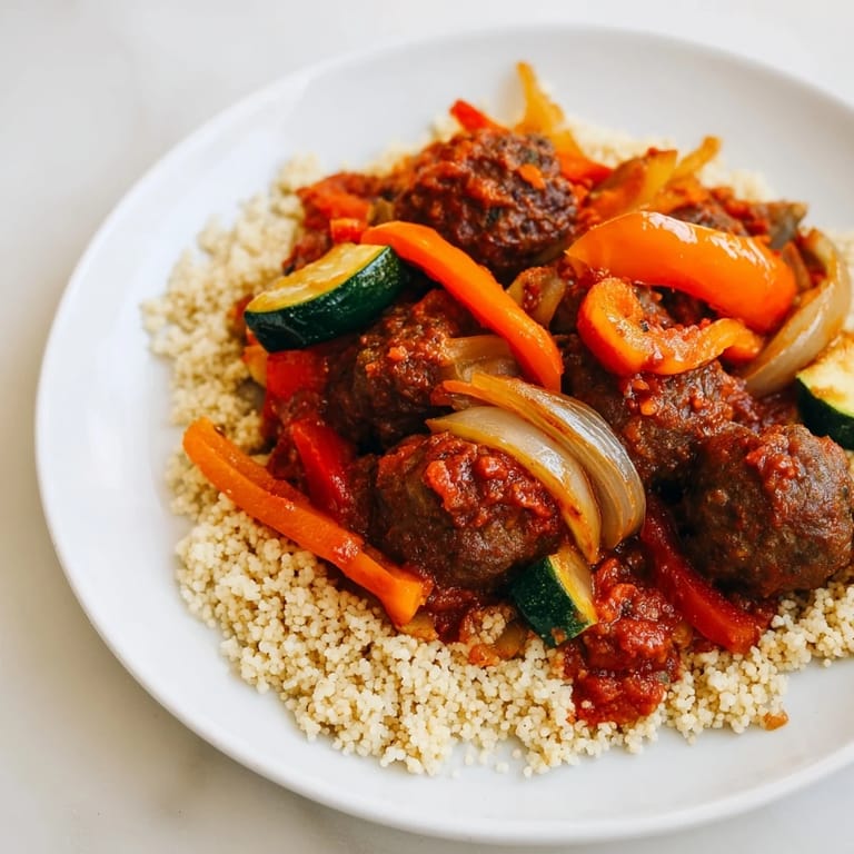 Warm, comforting bowl of North African Couscous Kefta with spiced meatballs and colorful vegetables.