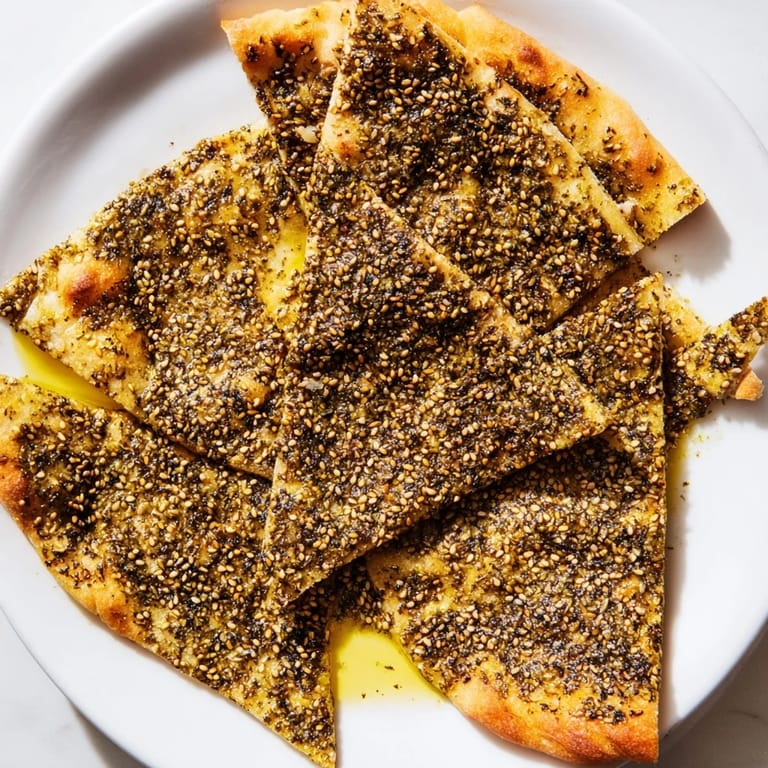A close up shows the delicious topping on homemade Levantine zaatar bread, perfect for a flavorful snack.