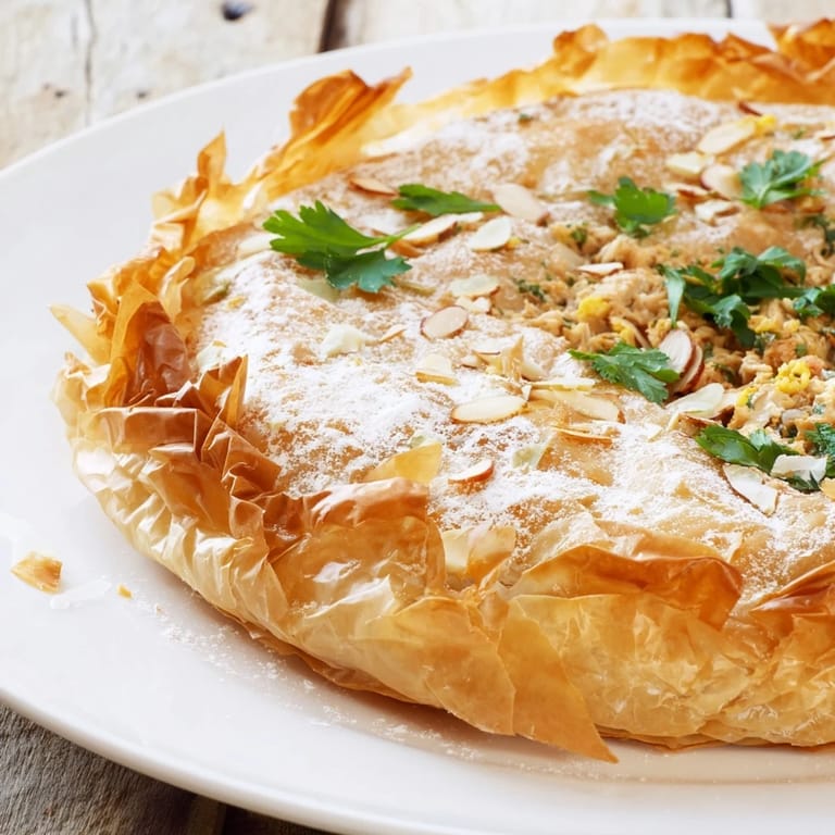 A beautifully layered Moroccan Pastilla Pie, offering a delightful mix of textures and sweet-savory flavors.