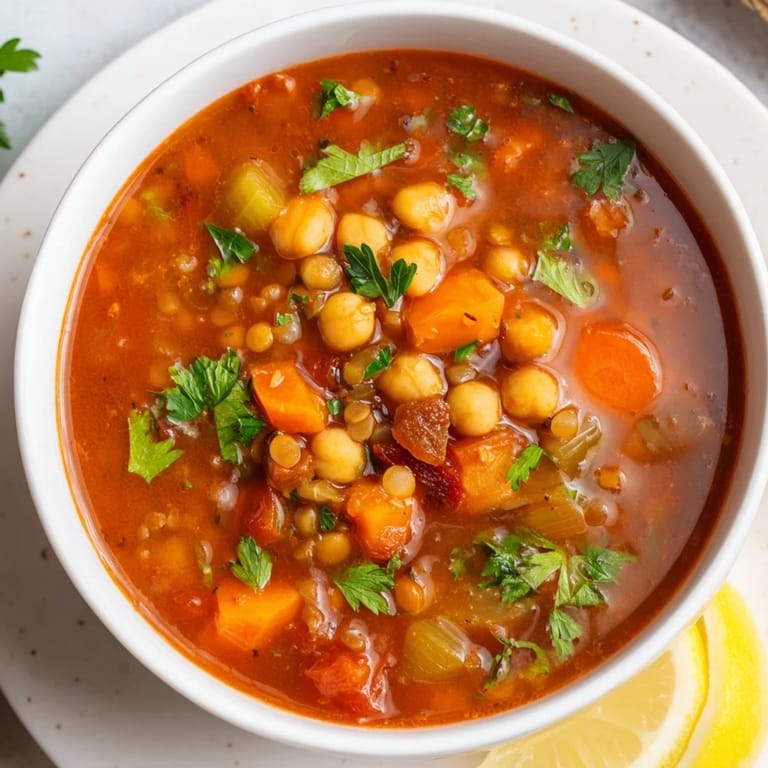 Enjoy a comforting serving of North African Harira Soup, a flavorful and nutritious vegetarian delight with apricots.