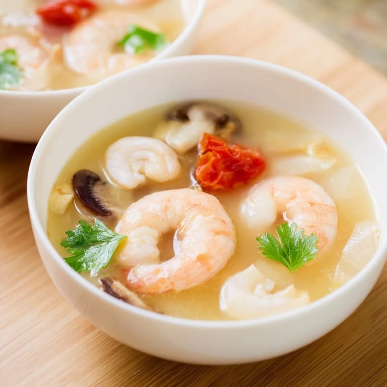 Close-up of vibrant Spicy Tom Yum Soup garnished with fresh cilantro and green onions, ready to eat.