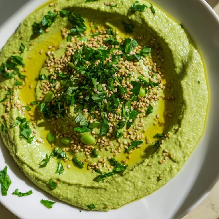 Creamy Edamame Hummus with a drizzle of olive oil, lemon zest, and colorful veggie sticks for dipping on a rustic plate.