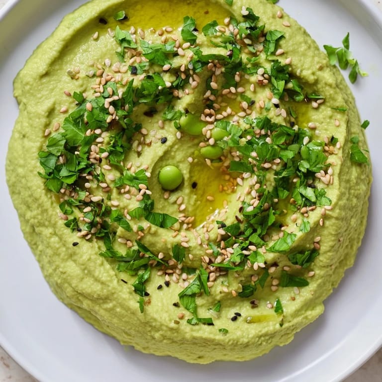 Easy homemade Edamame Hummus topped with toasted sesame seeds and parsley, perfect for snacking or spreading on sandwiches.