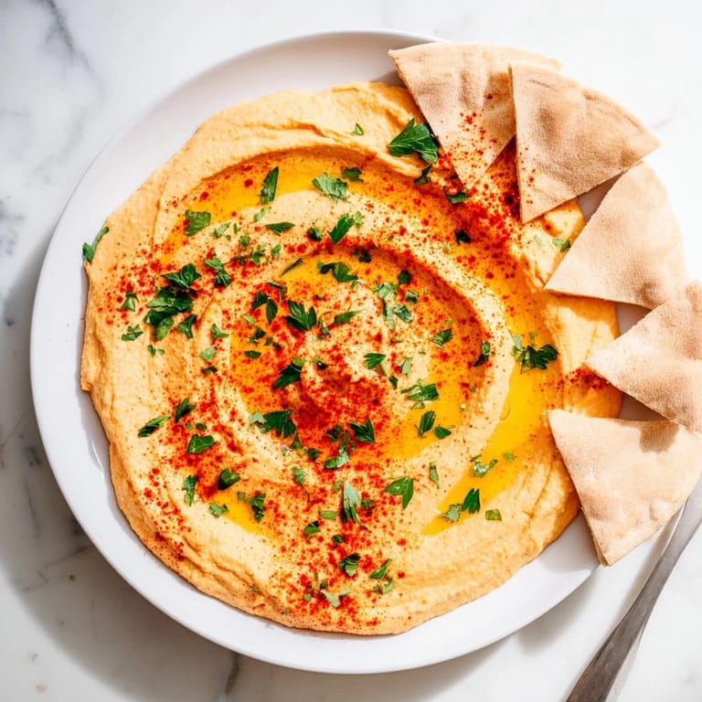 Roasted Red Pepper Hummus in a rustic bowl, its vibrant red-orange hue contrasted by warm olive oil and paprika.