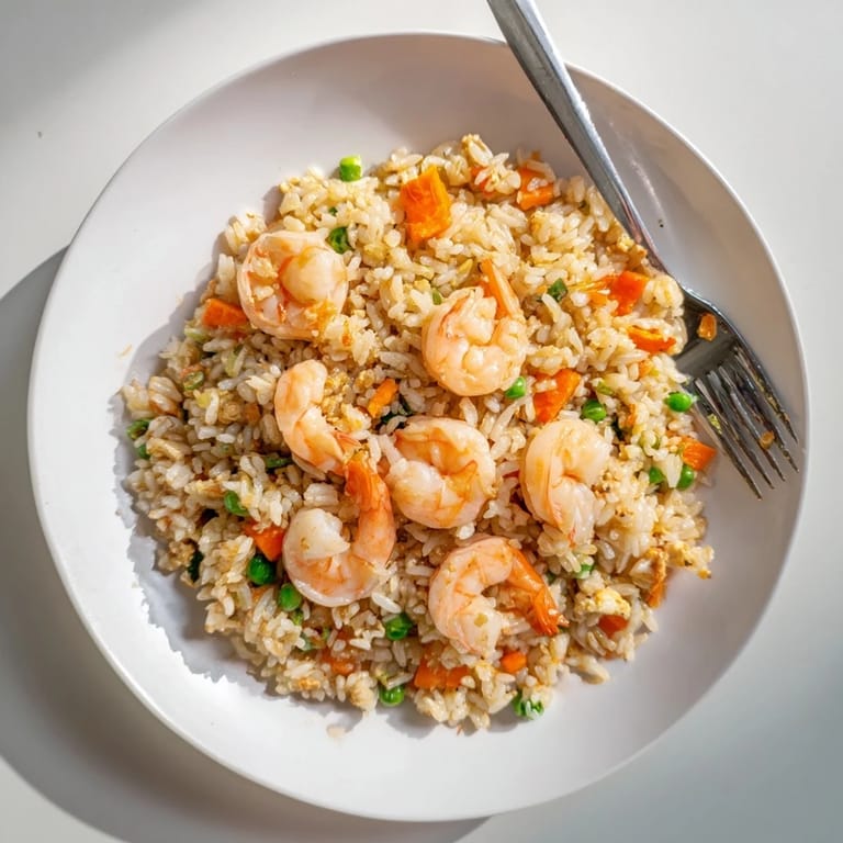 Garnished with fresh spring onions and lime wedges, this homemade Shrimp Garlic Fried Rice offers a delicious Asian-fusion meal.