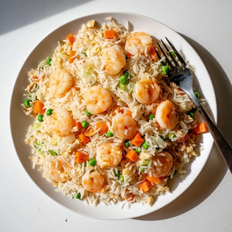A wok of Shrimp Garlic Fried Rice features tender seafood, crisp carrots, and aromatic soy sauce for a quick weeknight dinner.  