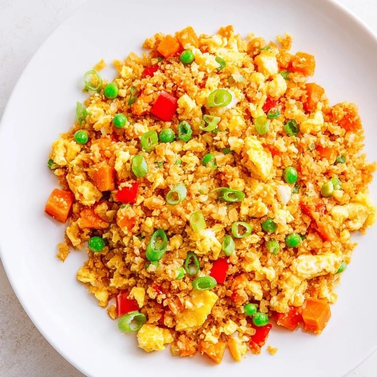 This low-carb cauliflower fried rice features colorful sautéed veggies and fluffy eggs, served hot with a sprinkle of green onions.  
